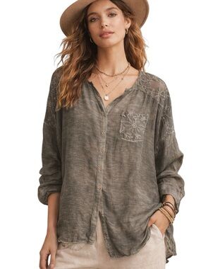 Black Swan Silk Blend Black Sheer Blouse Floral Embellishment Button Front Boho